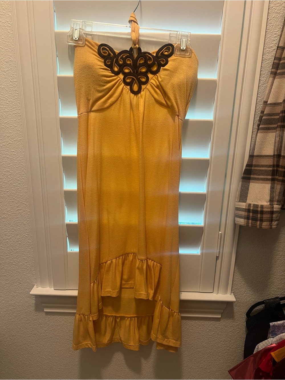 Charming Charlie Yellow Halter Sundress with Decorative Black Applique